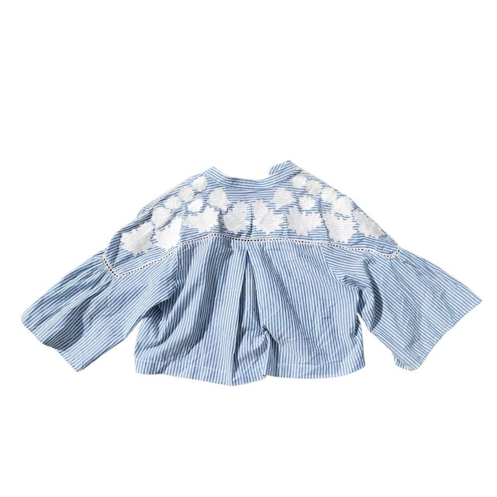 Free People Top XS Blue Stripe Embroidered Flowers Boho Bell Sleeve NWT - Picture 9 of 15